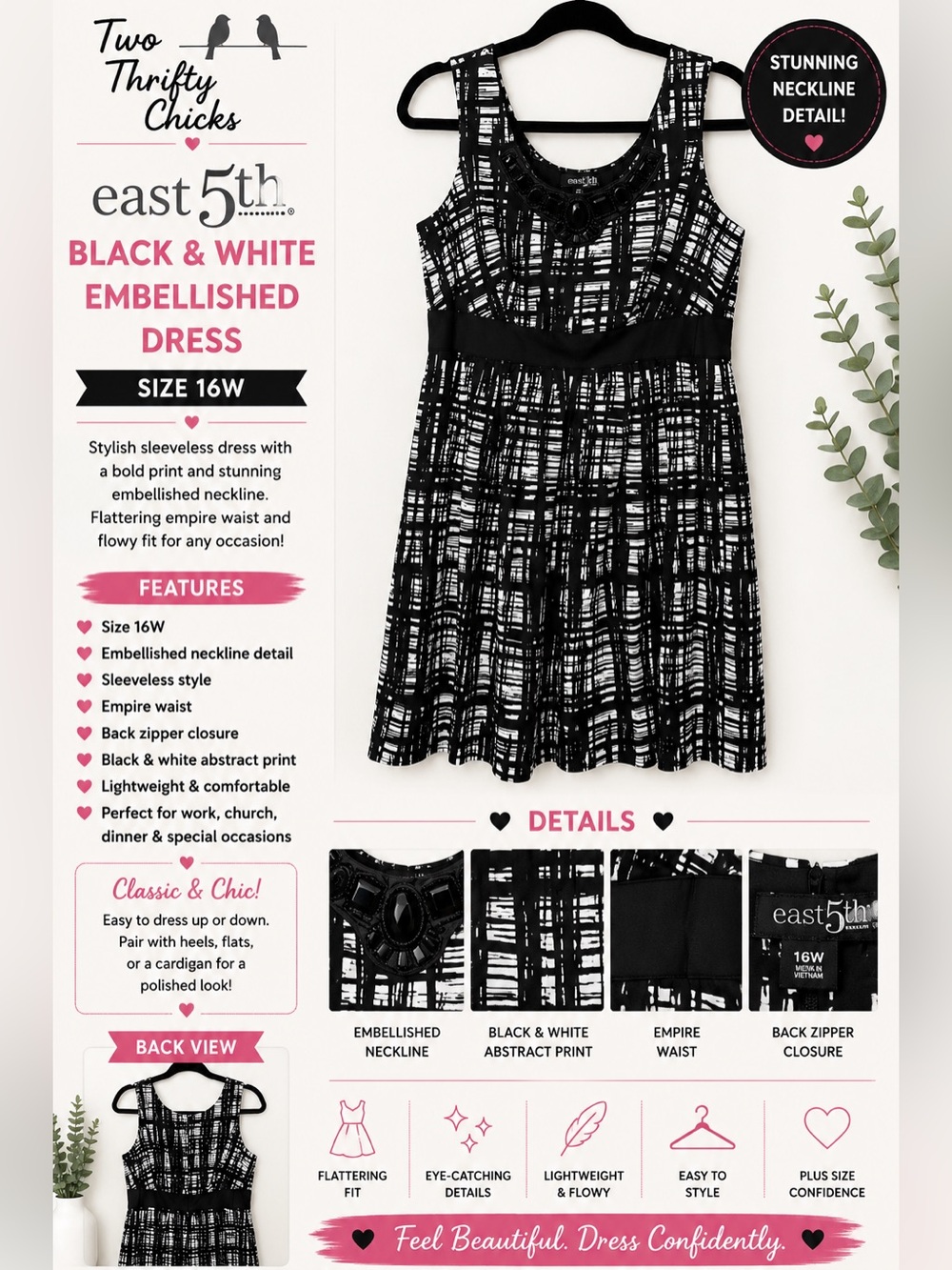 East 5th Black & White Embellished Women’s Dress | Size 16W | GUC